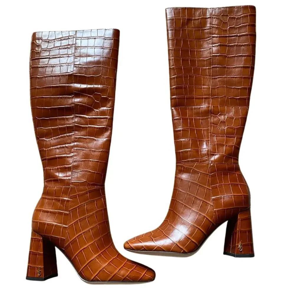 NEW SAM EDELMAN Clarem Leather Croc Embossed High Block Heeled Tall Boots SZ 6.5 - Picture 8 of 13